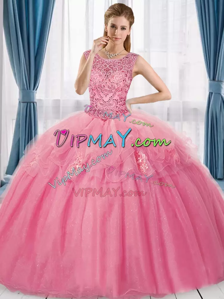 Adorable Rose Pink Ball Gowns Scoop Sleeveless Tulle Floor Length Lace Up Beading and Appliques Quinceanera Dresses