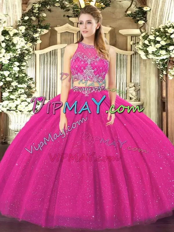 Comfortable Fuchsia Sleeveless Floor Length Beading Zipper Vestidos de Quinceanera Scoop