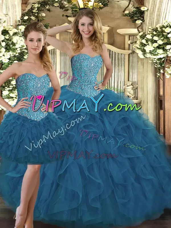 Sweetheart Sleeveless Tulle Quinceanera Dress Beading and Ruffles Lace Up