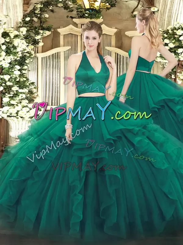 Dark Green Zipper Halter Top Ruffles Sweet 16 Dresses Organza Sleeveless