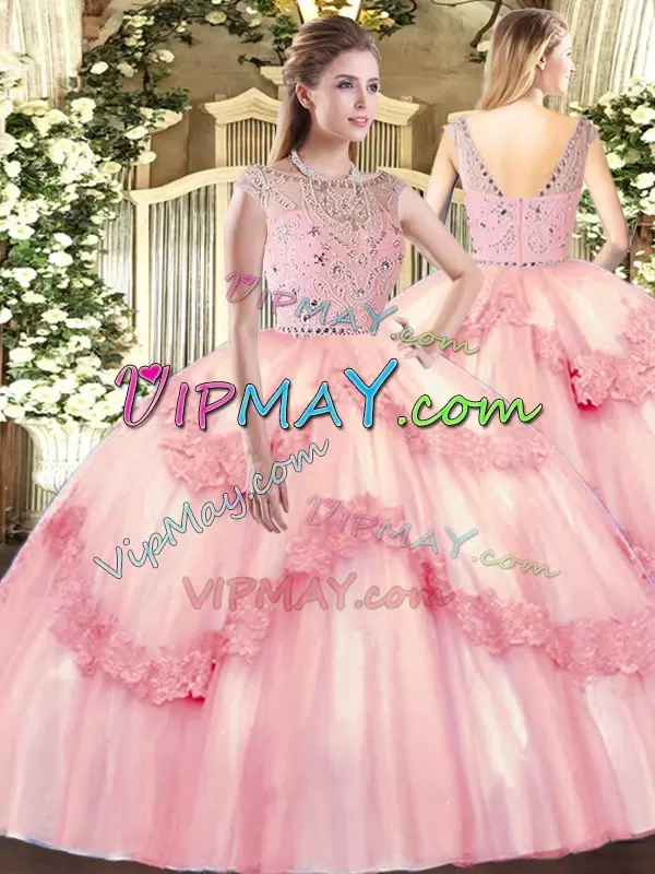 Baby Pink Sleeveless Beading and Appliques Floor Length 15th Birthday Dress