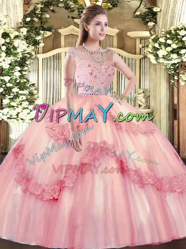 Baby Pink Sleeveless Beading and Appliques Floor Length 15th Birthday Dress