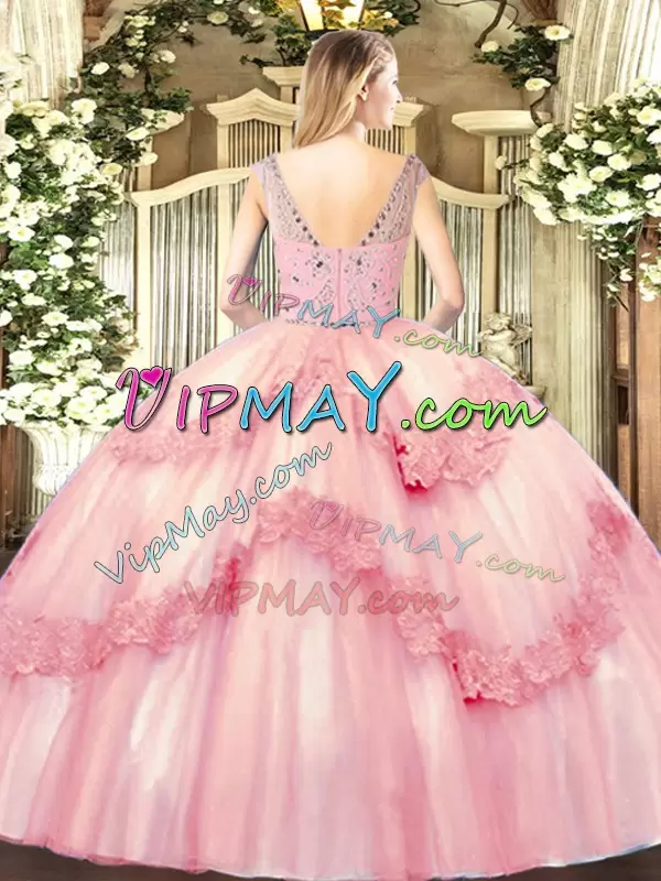 Baby Pink Sleeveless Beading and Appliques Floor Length 15th Birthday Dress