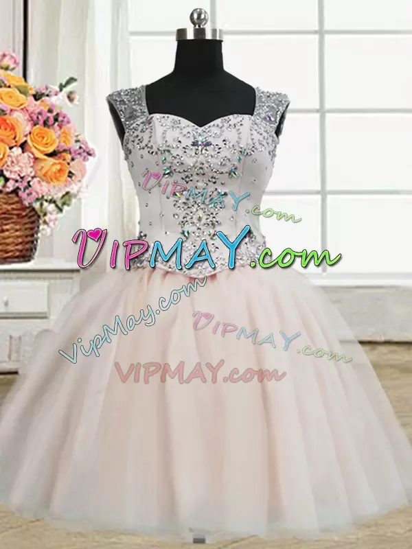 Three Pieces Champagne Sweetheart Neck Straps Beading Dress for Quinceanera Illusion Back