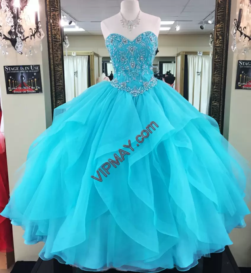 Superior Sleeveless Sweetheart Lace Up Floor Length Beading and Ruffled Layers 15th Birthday Dress Sweetheart