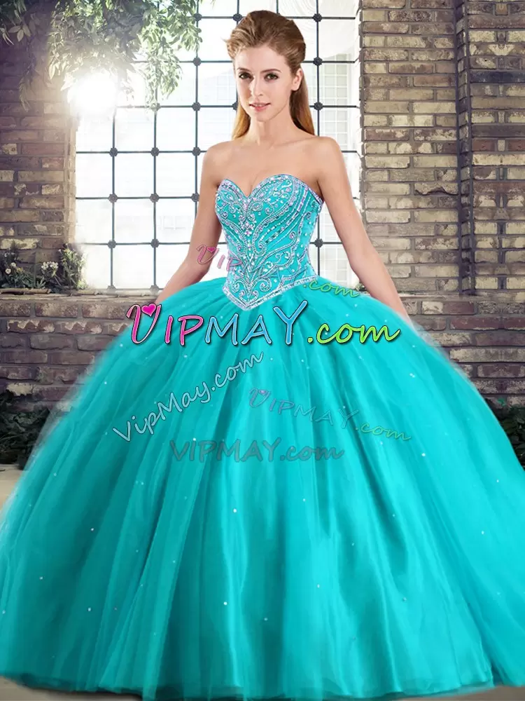 Aqua Blue Ball Gowns Beading Sweet 16 Dresses Lace Up Tulle Sleeveless