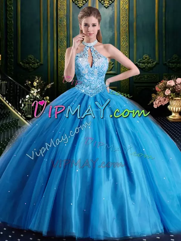 Custom Design Baby Blue Ball Gown Prom Dress Military Ball and Sweet 16 and Quinceanera with Beading and Appliques High-neck Sleeveless Lace Up