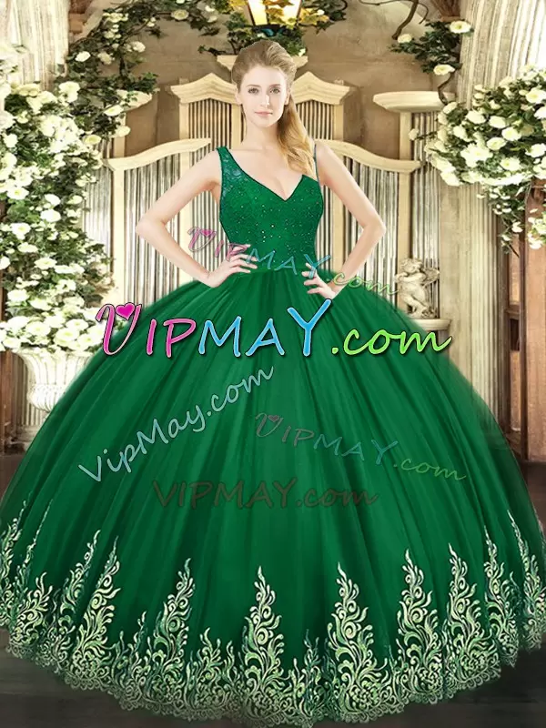 Dazzling Dark Green Sleeveless Beading and Lace and Appliques Floor Length Sweet 16 Dresses