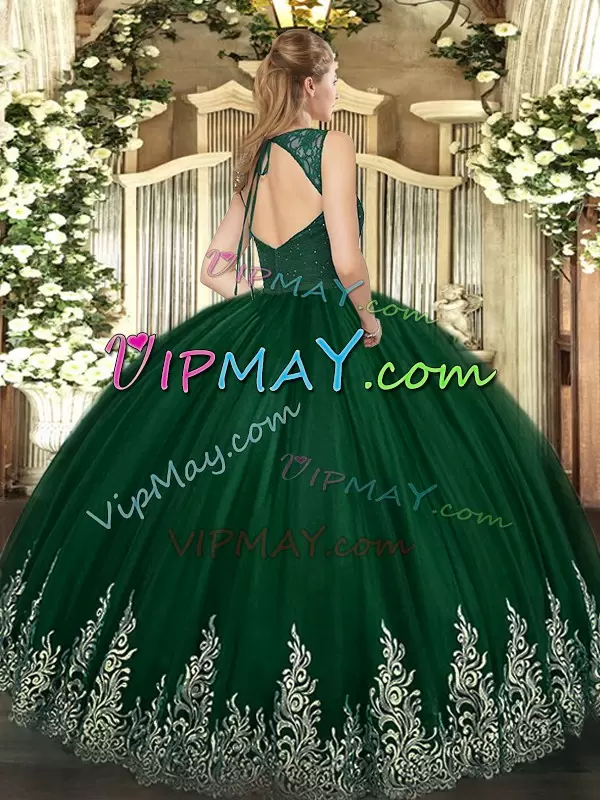 Dazzling Dark Green Sleeveless Beading and Lace and Appliques Floor Length Sweet 16 Dresses