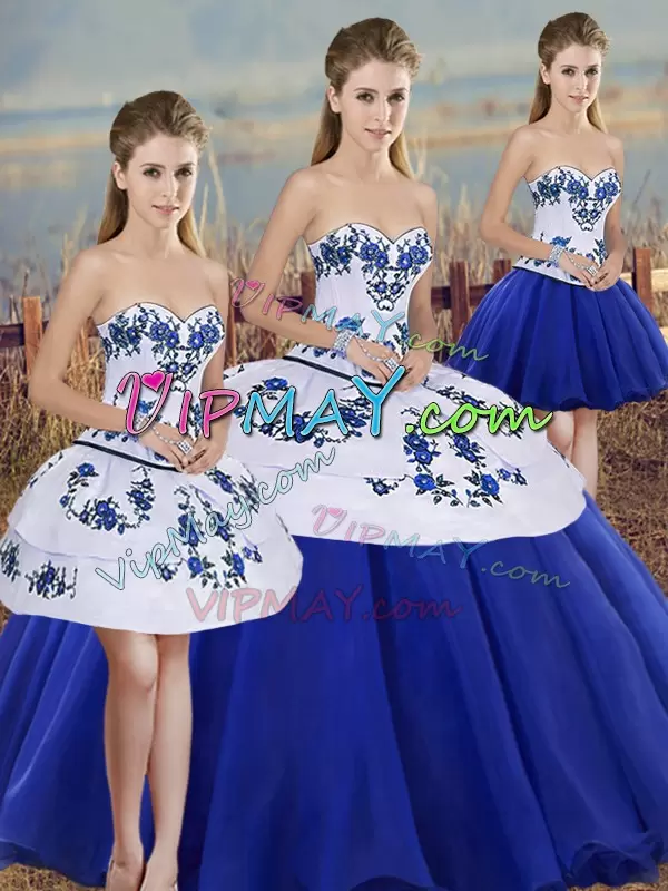 Dramatic Royal Blue Lace Up Sweetheart Embroidery and Bowknot Vestidos de Quinceanera Tulle Sleeveless