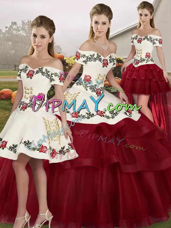 Lace Up Sweet 16 Dress Wine Red for Military Ball and Sweet 16 and Quinceanera with Embroidery and Ruffled Layers Brush Train