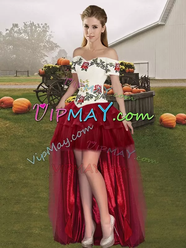 Lace Up Sweet 16 Dress Wine Red for Military Ball and Sweet 16 and Quinceanera with Embroidery and Ruffled Layers Brush Train