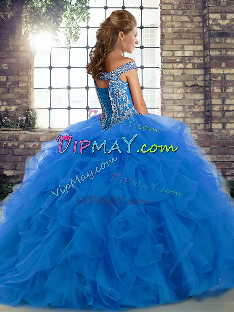 Ideal Blue Tulle Lace Up Quinceanera Gowns Sleeveless Brush Train Beading and Ruffles