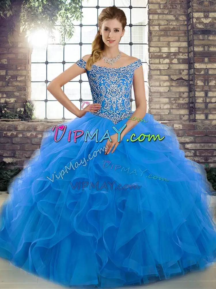 Ideal Blue Tulle Lace Up Quinceanera Gowns Sleeveless Brush Train Beading and Ruffles