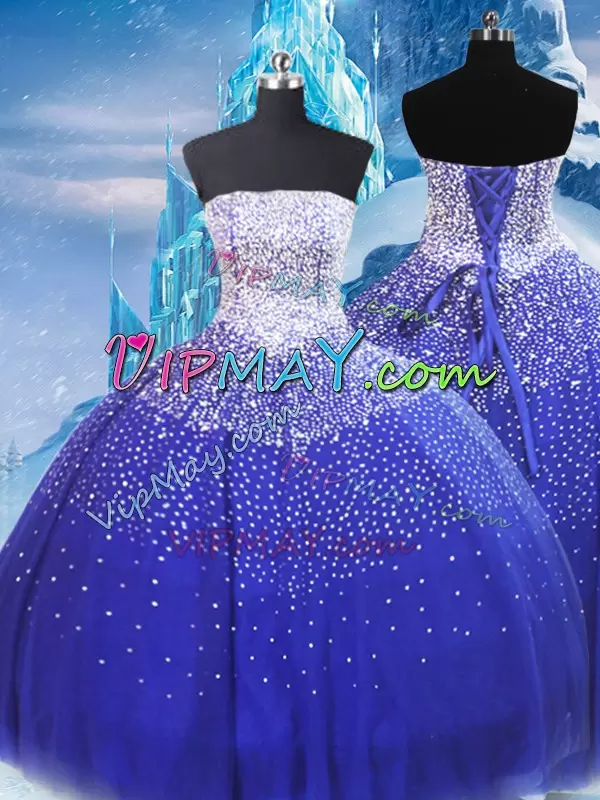 Gorgeous Strapless Sleeveless Sweet 16 Quinceanera Dress Floor Length Beading Blue Tulle