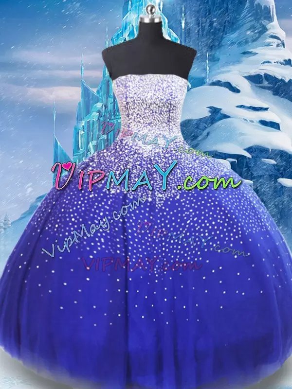 Gorgeous Strapless Sleeveless Sweet 16 Quinceanera Dress Floor Length Beading Blue Tulle