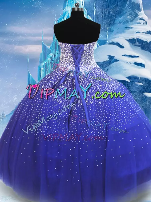 Gorgeous Strapless Sleeveless Sweet 16 Quinceanera Dress Floor Length Beading Blue Tulle