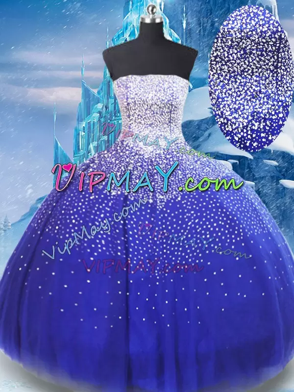 Gorgeous Strapless Sleeveless Sweet 16 Quinceanera Dress Floor Length Beading Blue Tulle