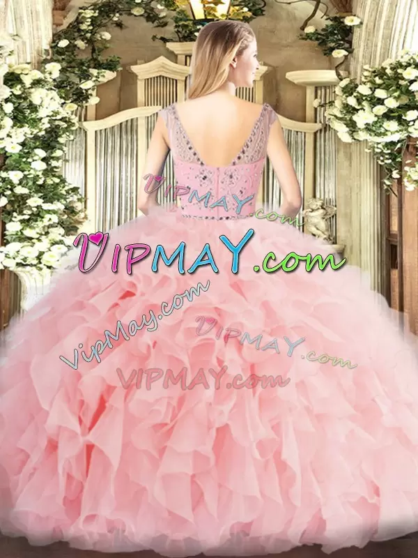 Baby Pink Zipper Bateau Beading and Ruffles Quinceanera Dresses Tulle Sleeveless