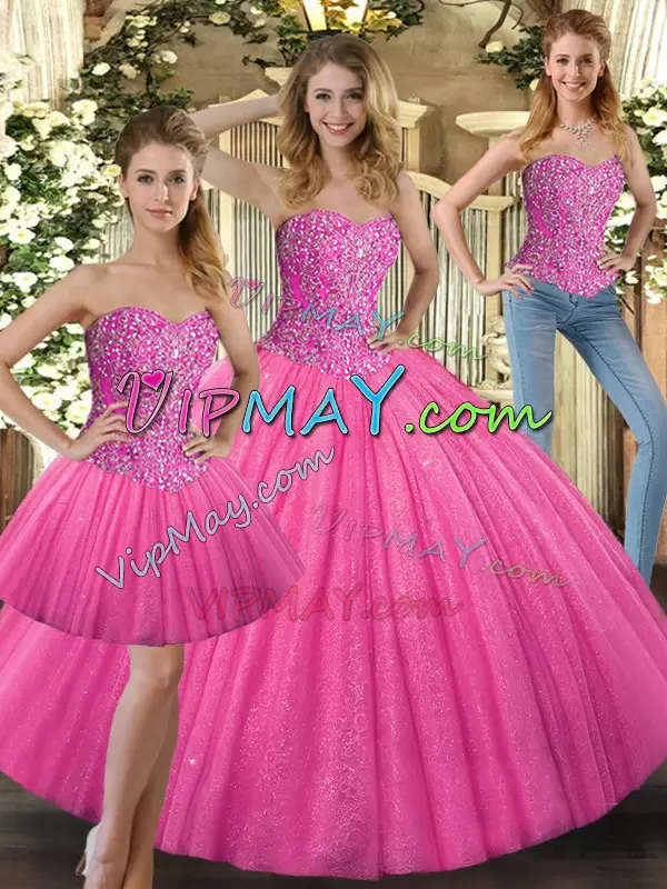 Super Hot Pink Tulle Lace Up Sweetheart Sleeveless Floor Length Sweet 16 Quinceanera Dress Beading