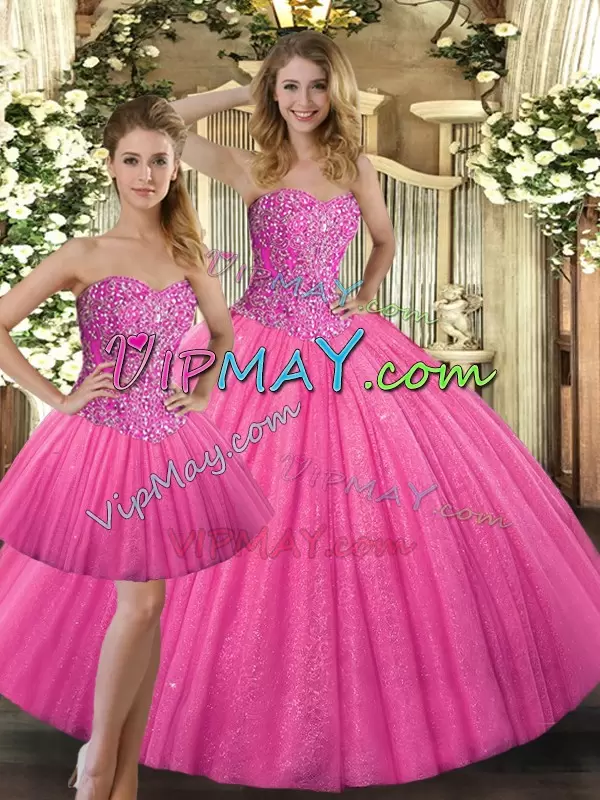 Super Hot Pink Tulle Lace Up Sweetheart Sleeveless Floor Length Sweet 16 Quinceanera Dress Beading