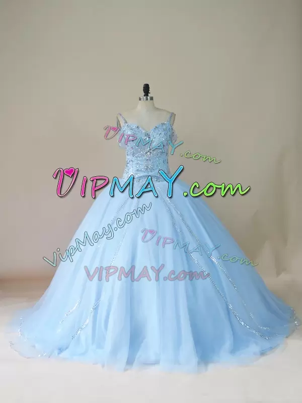 Light Blue Lace Up Straps Beading Sweet 16 Dress Tulle Sleeveless Brush Train