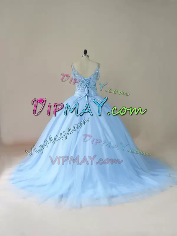 Light Blue Lace Up Straps Beading Sweet 16 Dress Tulle Sleeveless Brush Train