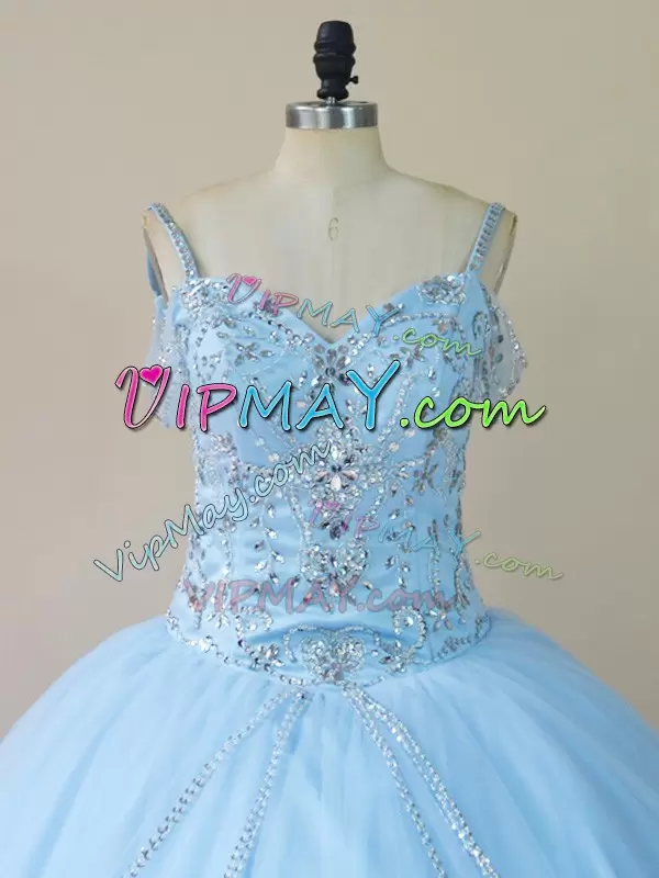 Light Blue Lace Up Straps Beading Sweet 16 Dress Tulle Sleeveless Brush Train