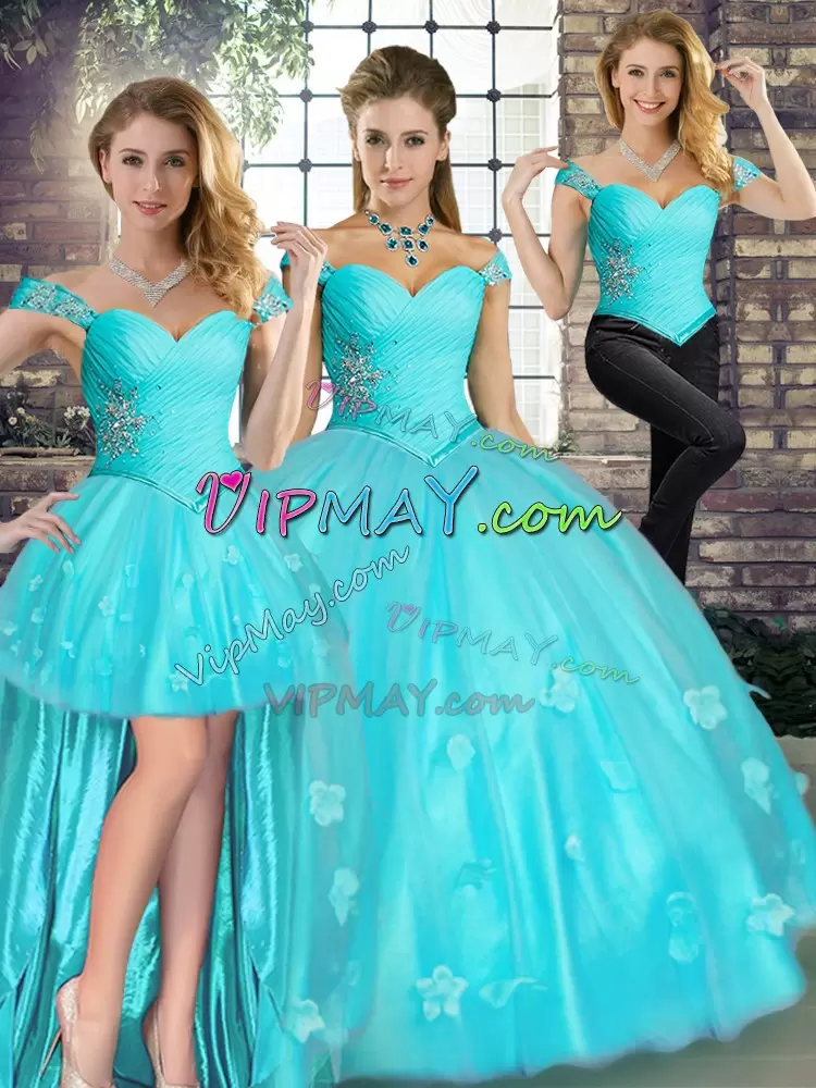 Aqua Blue Quinceanera Gowns Military Ball and Sweet 16 and Quinceanera with Beading and Appliques Off The Shoulder Sleeveless Lace Up