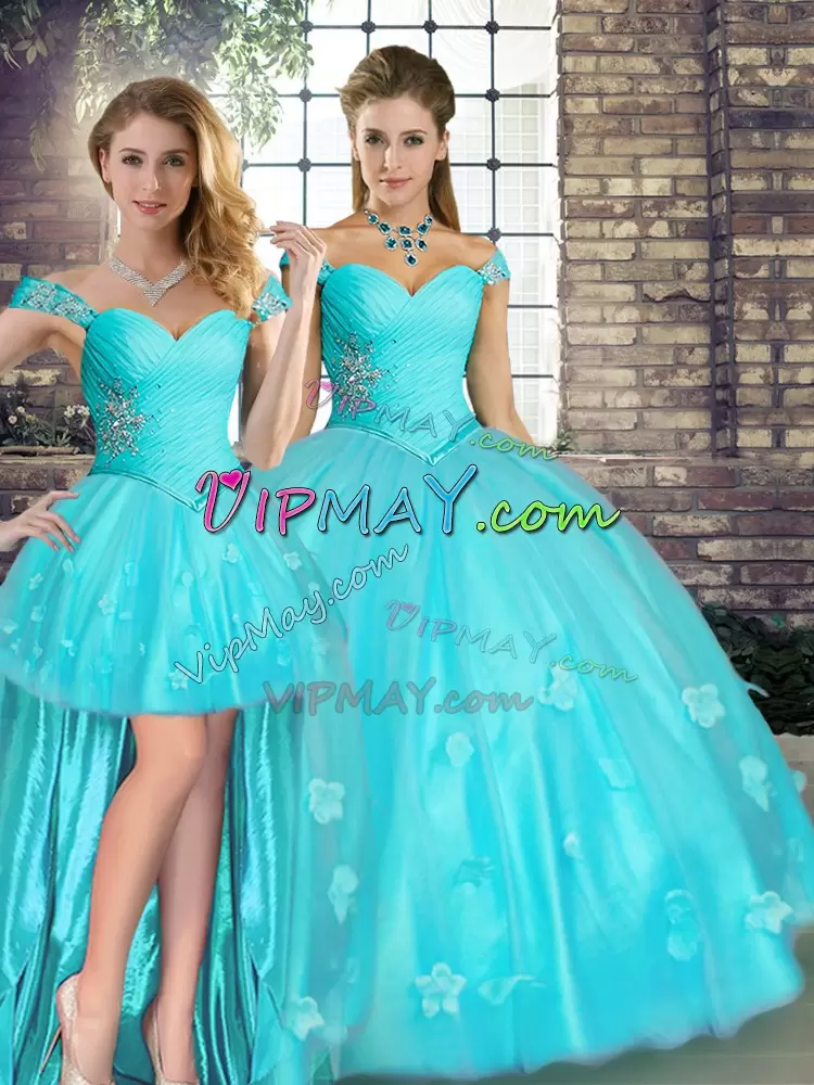 Aqua Blue Quinceanera Gowns Military Ball and Sweet 16 and Quinceanera with Beading and Appliques Off The Shoulder Sleeveless Lace Up