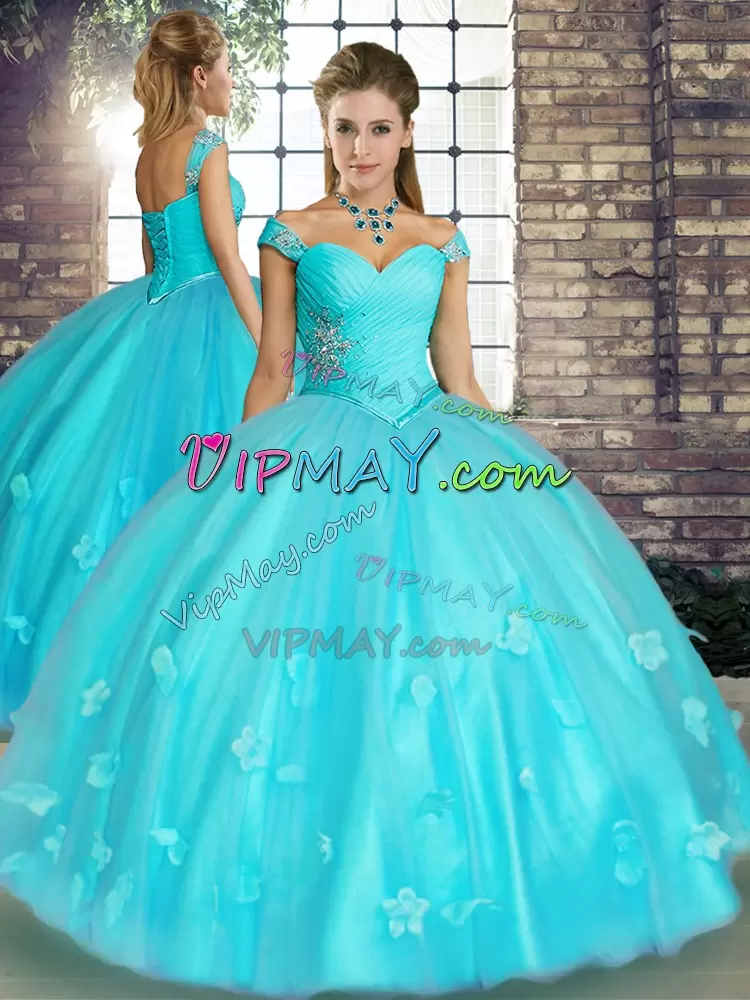 Aqua Blue Quinceanera Gowns Military Ball and Sweet 16 and Quinceanera with Beading and Appliques Off The Shoulder Sleeveless Lace Up