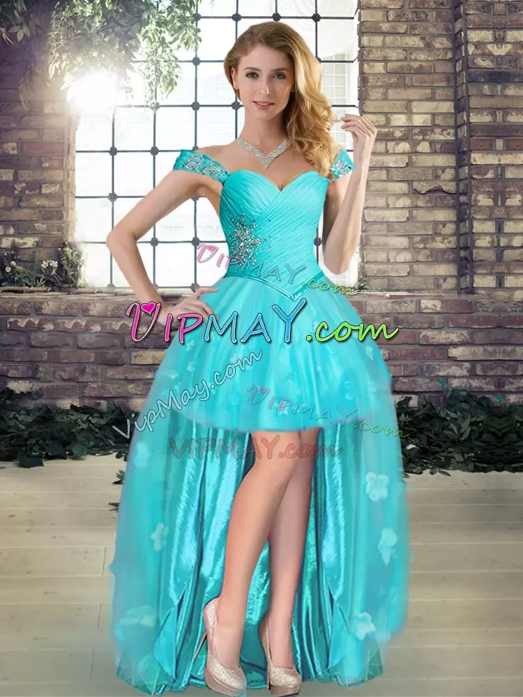 Aqua Blue Quinceanera Gowns Military Ball and Sweet 16 and Quinceanera with Beading and Appliques Off The Shoulder Sleeveless Lace Up