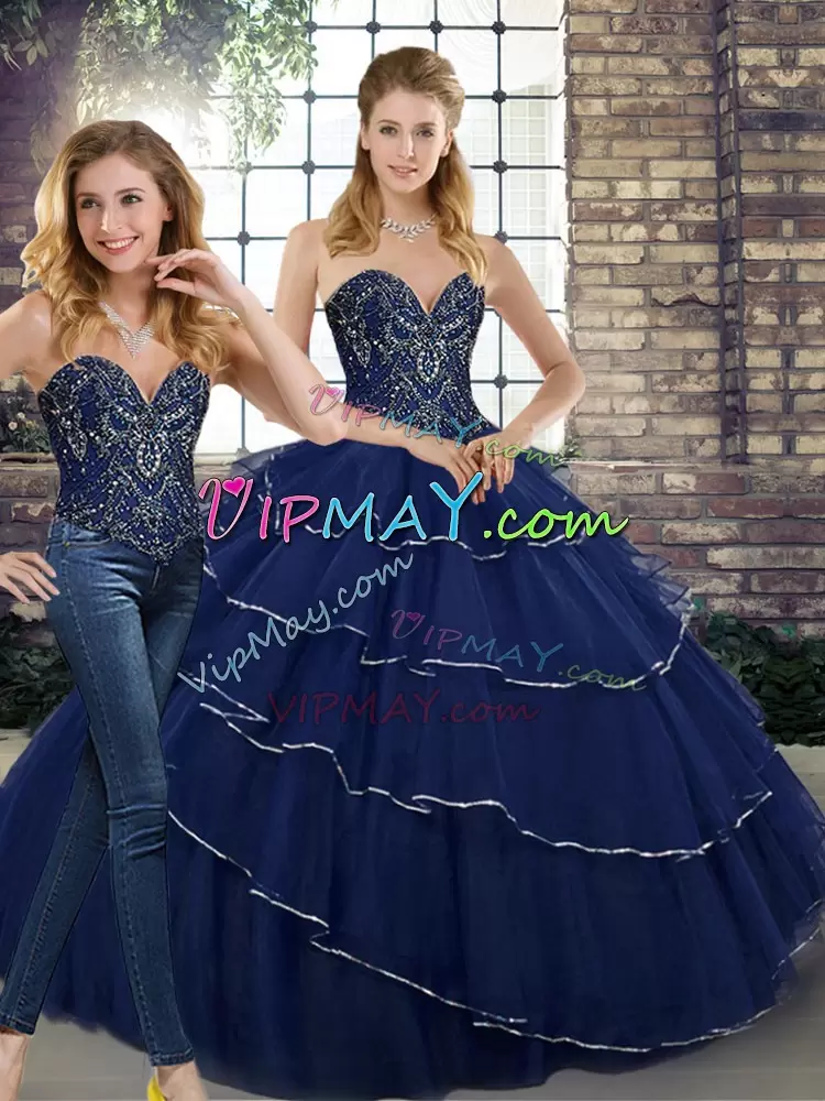 Navy Blue 15 Quinceanera Dress Sweetheart Sleeveless Brush Train Lace Up