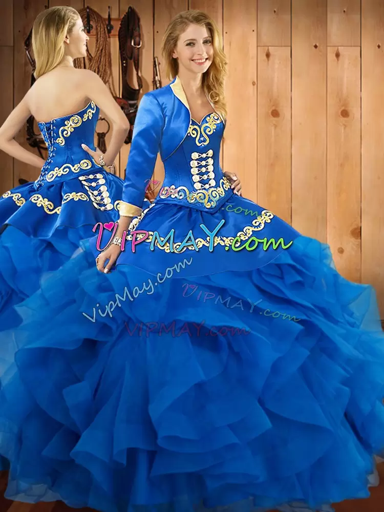 Satin and Organza Sleeveless Floor Length Sweet 16 Dress and Embroidery and Ruffles