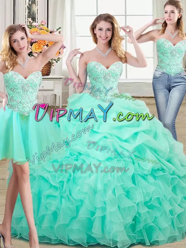 Apple Green Lace Up Quinceanera Gown Beading and Ruffles and Pick Ups Sleeveless Floor Length