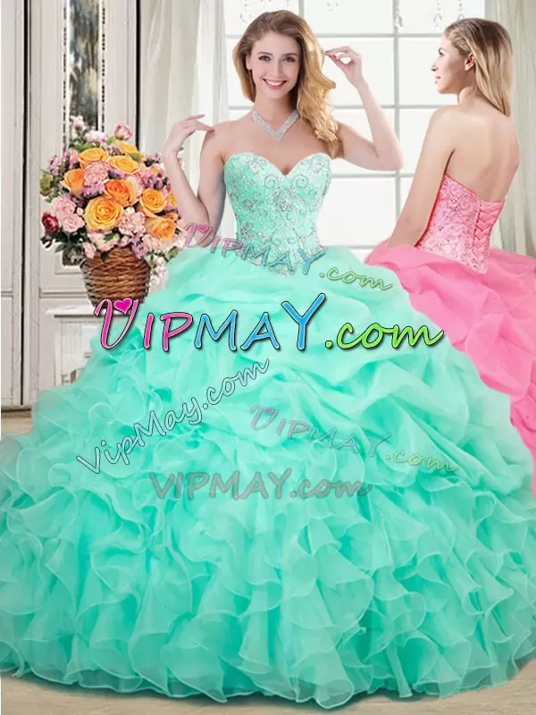 Apple Green Lace Up Quinceanera Gown Beading and Ruffles and Pick Ups Sleeveless Floor Length