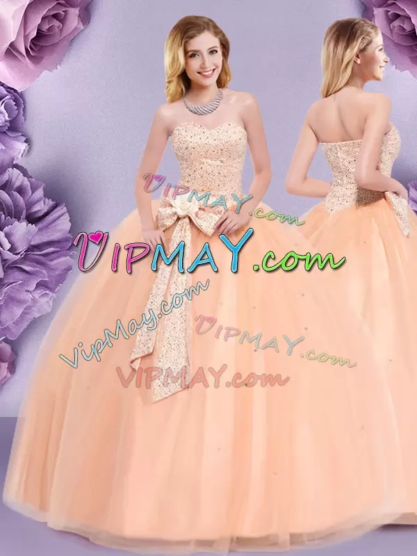 Sleeveless Floor Length Beading and Bowknot Zipper Quinceanera Gowns with Peach