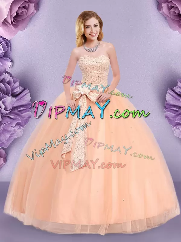 Sleeveless Floor Length Beading and Bowknot Zipper Quinceanera Gowns with Peach