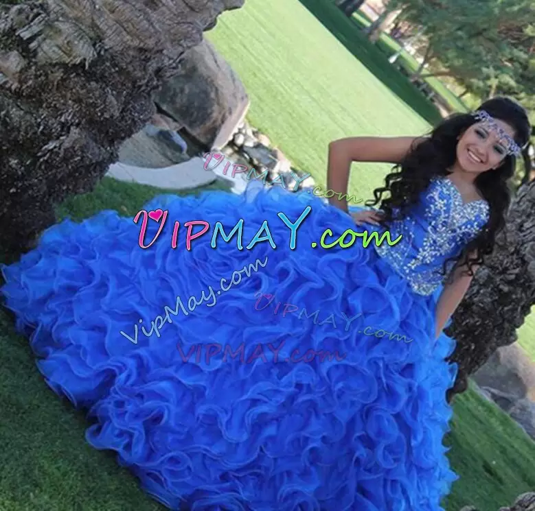 Sweetheart Sleeveless Sweet 16 Dress Floor Length Beading and Ruffles Blue Organza