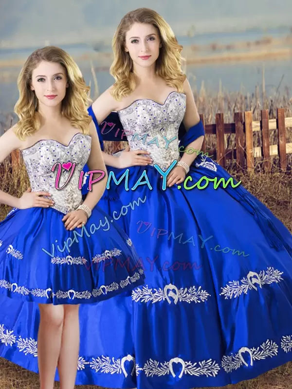 Royal Blue Sweetheart Lace Up Beading and Embroidery Ball Gown Prom Dress Sleeveless
