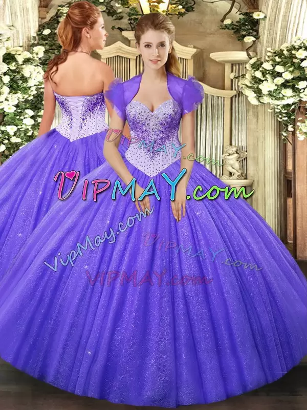 Romantic Floor Length Lace Up Vestidos de Quinceanera Lavender for Military Ball and Sweet 16 and Quinceanera with Beading