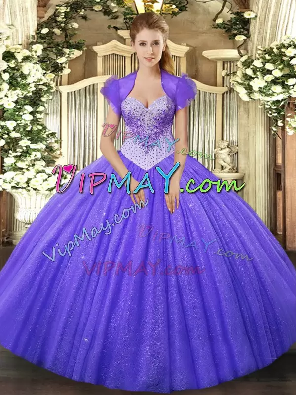 Romantic Floor Length Lace Up Vestidos de Quinceanera Lavender for Military Ball and Sweet 16 and Quinceanera with Beading