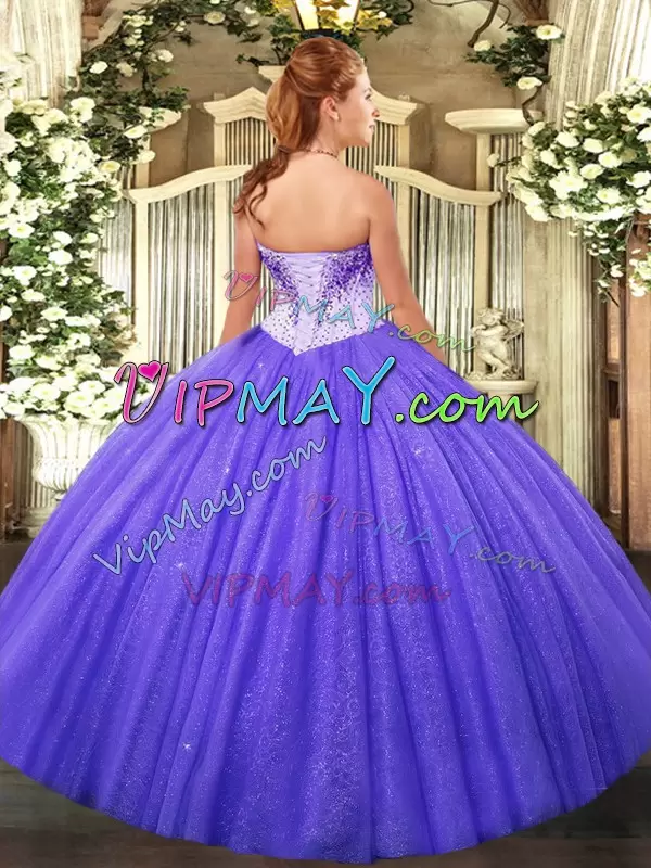 Romantic Floor Length Lace Up Vestidos de Quinceanera Lavender for Military Ball and Sweet 16 and Quinceanera with Beading