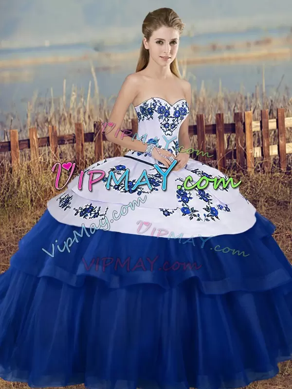 Vintage Royal Blue Lace Up Sweetheart Embroidery and Bowknot Quinceanera Dresses Tulle Sleeveless