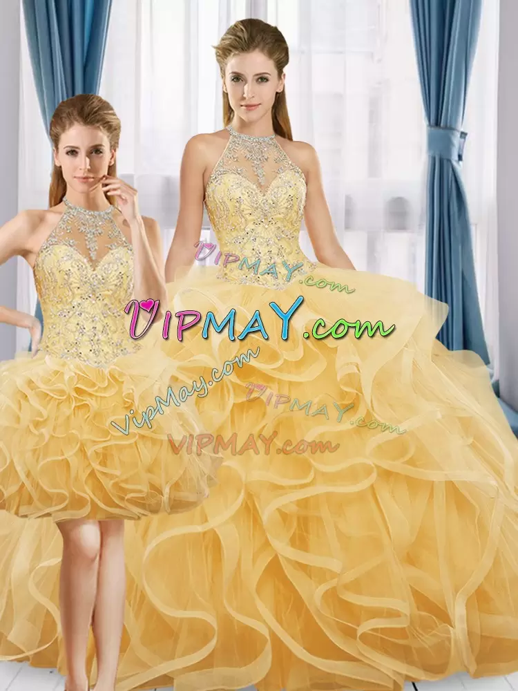 Captivating Gold Three Pieces Scoop Sleeveless Tulle Floor Length Lace Up Beading Sweet 16 Dress