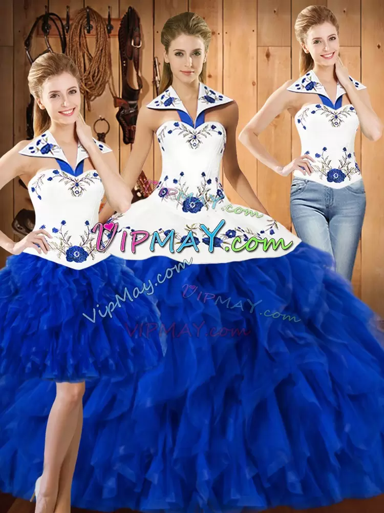 Great Sleeveless Satin and Organza Floor Length Lace Up Ball Gown Prom Dress in Blue And White with Embroidery