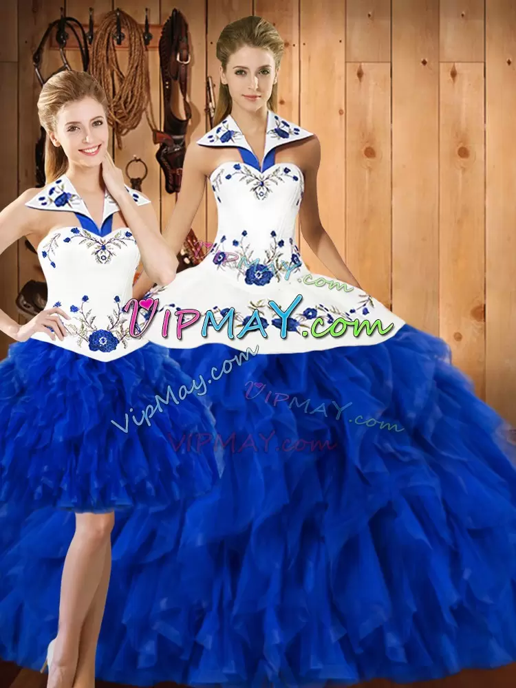 Great Sleeveless Satin and Organza Floor Length Lace Up Ball Gown Prom Dress in Blue And White with Embroidery