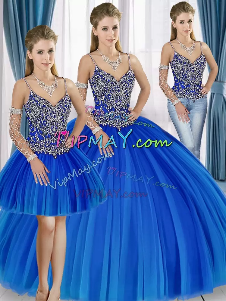 Straps Sleeveless Vestidos de Quinceanera Floor Length Beading Blue Tulle