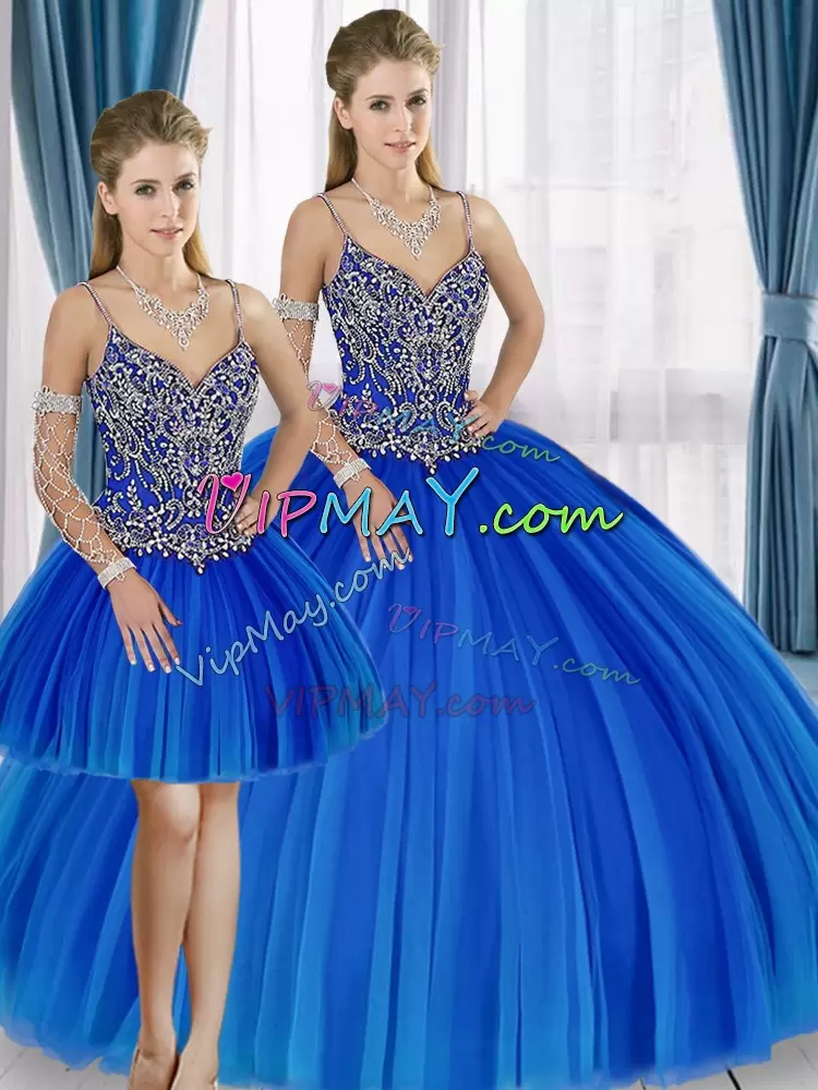 Straps Sleeveless Vestidos de Quinceanera Floor Length Beading Blue Tulle