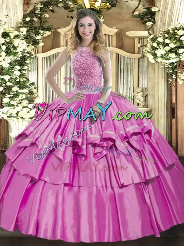 Colorful Sleeveless Organza and Taffeta Floor Length Lace Up Sweet 16 Quinceanera Dress in Lilac with Beading and Ruffled Layers